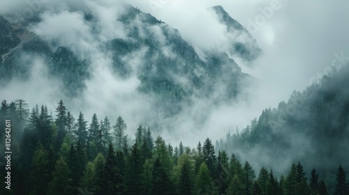 Cloudy Mountain. Misty High Mountain with Fog and Forest in Background © AIGen