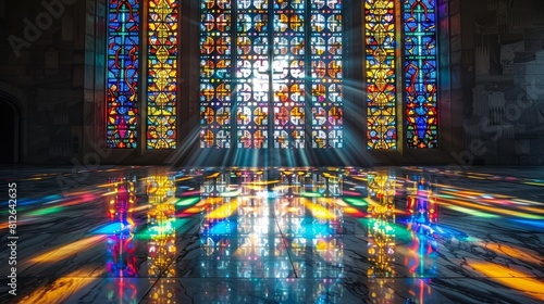 A stained glass window with rays of light streaming through