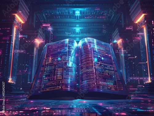 a futuristic digital codex book open in a cyber environment, filled with glowing data and interactive elements. photo