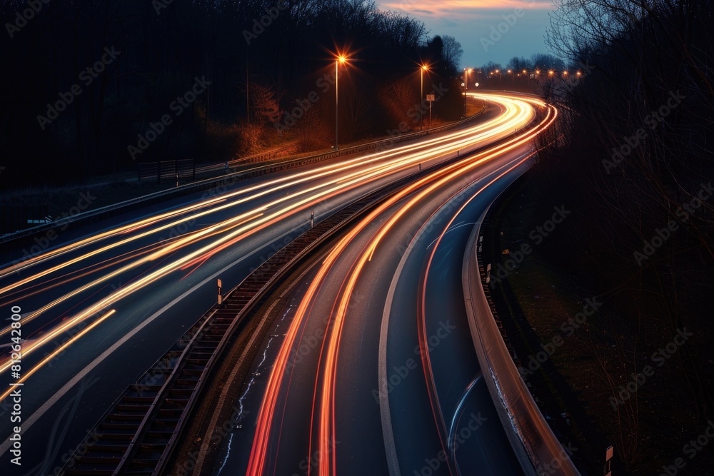 Highway Lighting. Night Traffic with Light Trails on Interstate for Communication in Long Exposure