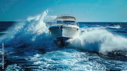 Boat Wave. Powerboat on Blue Sea with Fun Deck Life and Fuel Rich Experience