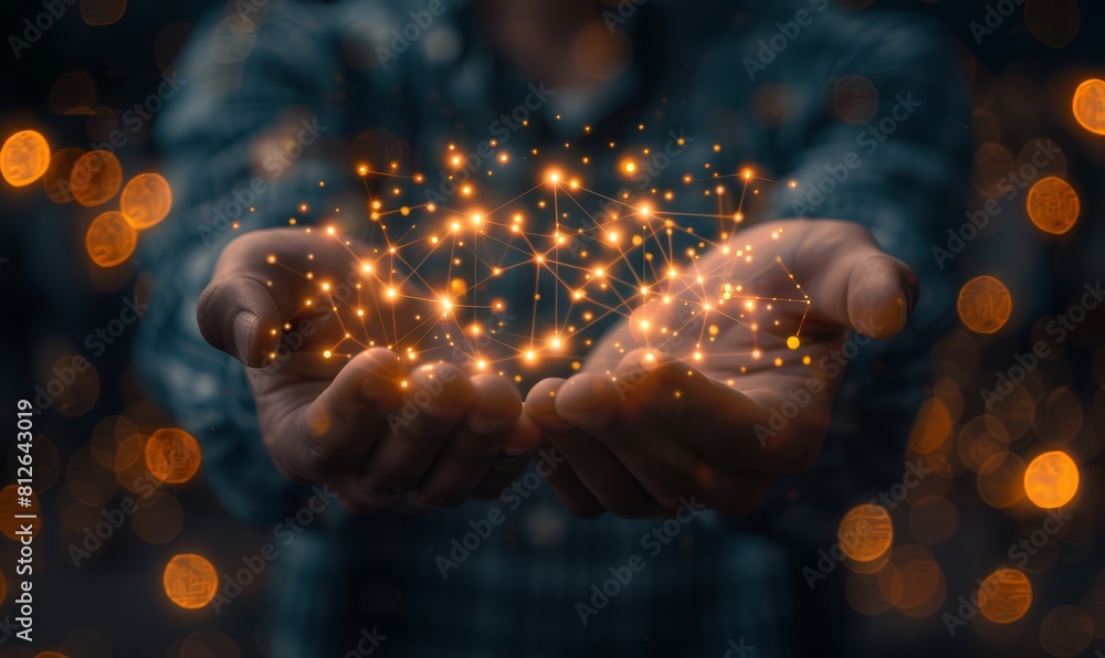 Businessman holding virtual glowing hologram with people icons and handshake on dark background, concept of technology business connection network and globalized social community. Businessman holding virtual glowing hologram with people icons and handshake on dark background, concept of technology business connection network and globalized social community.