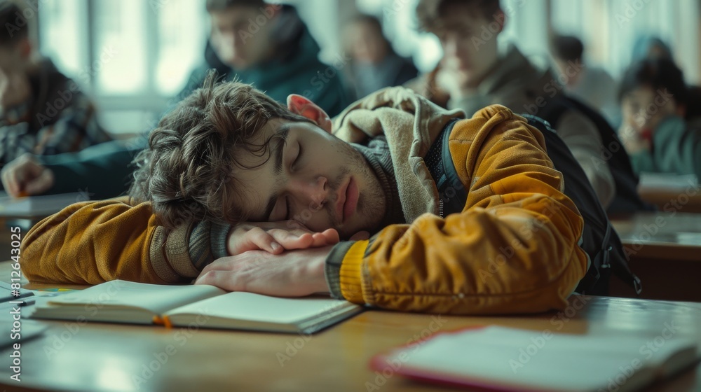 Obraz premium Tired College Student Sleeping in Classroom During Lecture. Generative ai