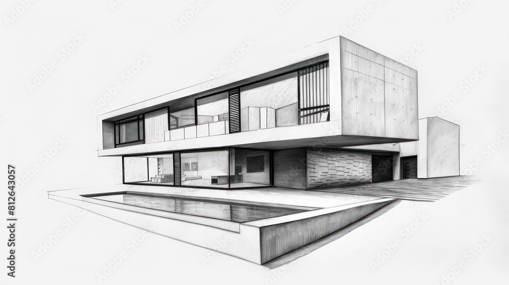 Pencil drawing of a modern house design with a swimming pool and meticulous shading details