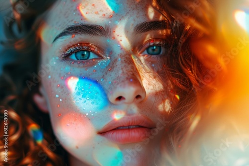 Captivating macro portrait of a young woman with intense blue eyes and vivid light reflections on her face