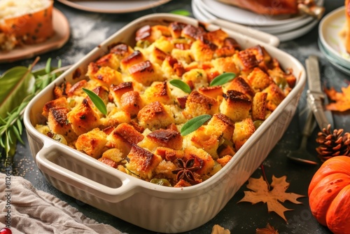 A casserole dish filled with stuffing and various vegetables. Perfect for food blogs and recipe websites