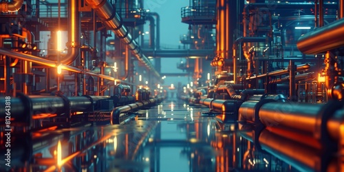 Oil refinery, petroleum fuel plant, pipes. Heavy industry 4.0, gas production, energy industry, manufacturing, robotic automatic, chemical, petrochemical factory, power plant. Industrial 3D background photo