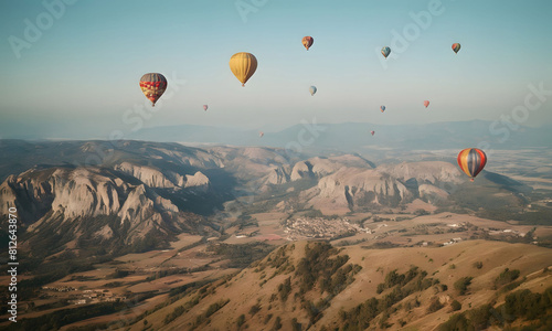 Balloons fly against the backdrop of mountains. Artificial intelligence.