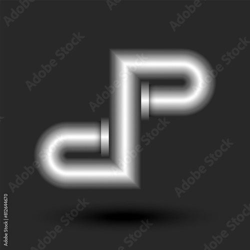 Bold letters dp or pd initials monogram 3d logo, combination two silver letters d and p together, metal pipe with flanges smooth shape, industrial style creative design element.