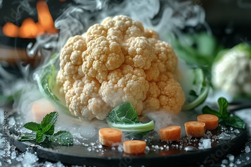 Freshly steamed cauliflower with vibrant green leaves and cut carrots in a foggy presentation