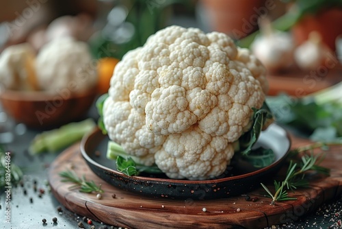 Fresh cauliflower with green leaves on a dark plate, rustic wooden board, and textured table
