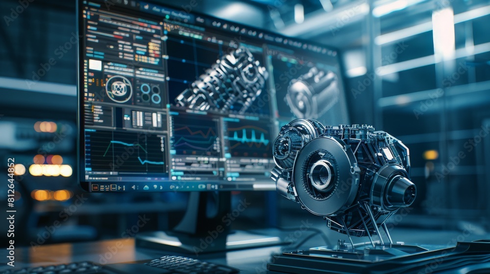 Engineering designer design 3D CAD software program Industrial engine model mechanical dimensional digital manufacturing factory engineer computer screen. 3d rendering Engineering designer design 3D CAD software program Industrial engine model mechanical dimensional digital manufacturing factory engineer computer screen. 3d rendering