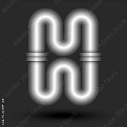 Creative bold letter H 3d logo monogram, metallic pipes with flanges smooth curve shape, typography industrial design element.