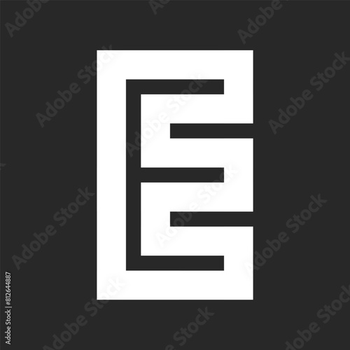 Initial E bold letter logo monogram from wide white stripes on a black background. Creative identity EE logotype from wide parallel lines.