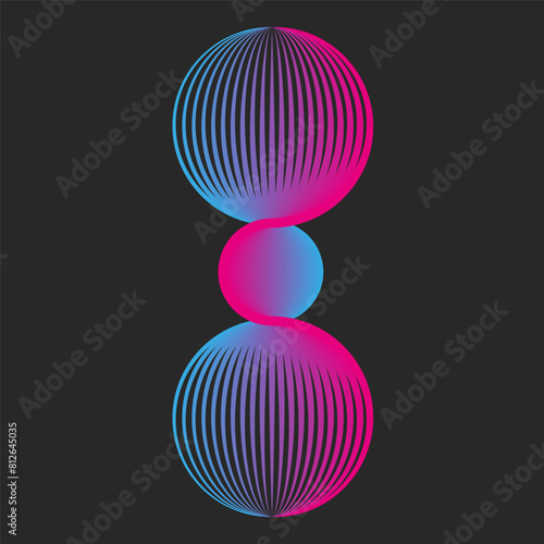 Circular spherical triple shapes logo from a circular grid of thin lines scientific technological symbol of three circles, round waves blue pink gradient in tech style.