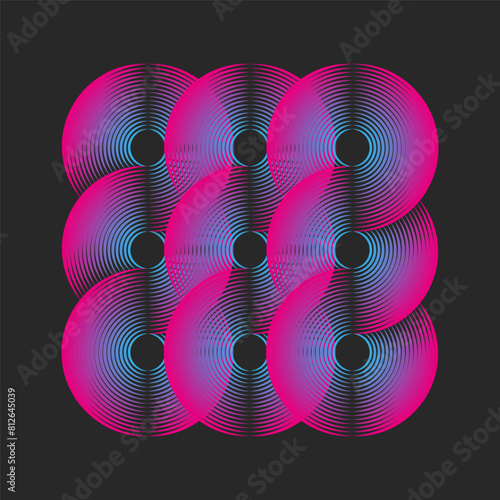 Construction of nine circles logo square geometric shape from blue and pink gradient parallel thin lines minimal style, overlapping circular pattern geometric forms artworks composition.