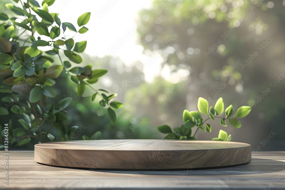 Wooden product display podium with blurred nature leaves background. 3D rendering. Generative Ai. Wooden product display podium with blurred nature leaves background. 3D rendering. Generative Ai.