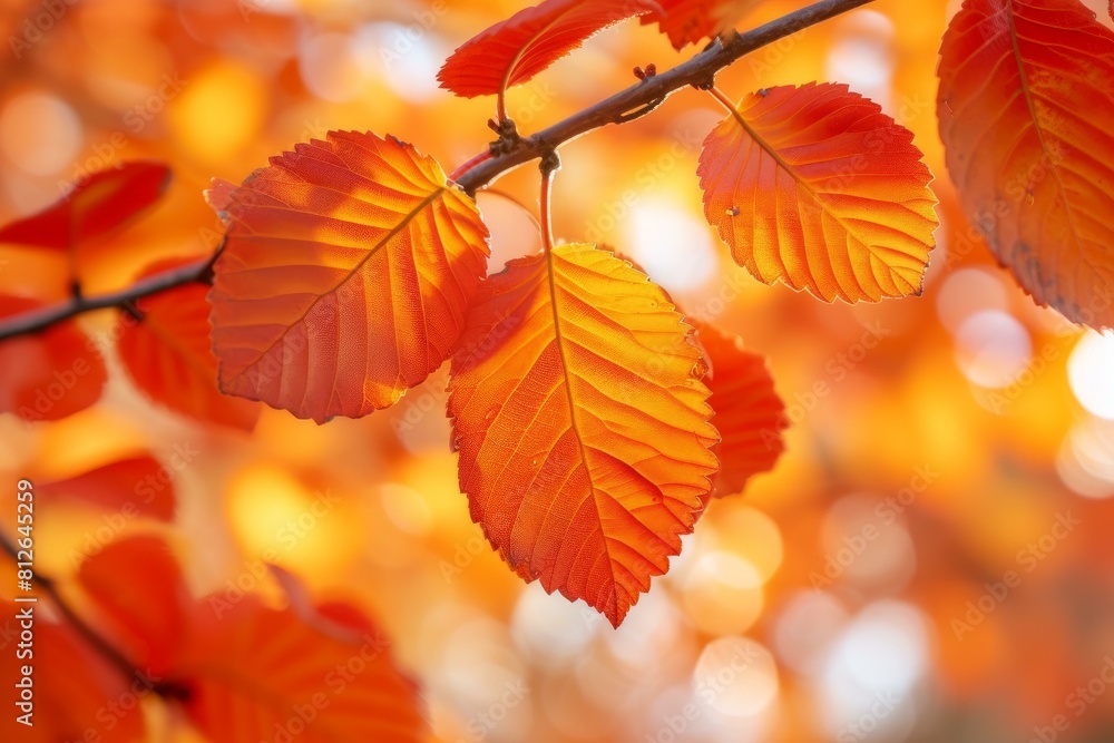 Close-up of bright orange leaves against a soft, glowing autumn backdrop Close-up of bright orange leaves against a soft, glowing autumn backdrop