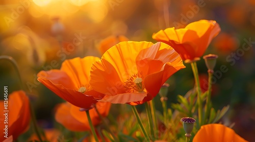 A close-up of vibrant orange poppies blooming in a field  their petals illuminated by the warm glow of the setting sun.