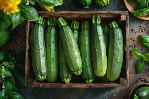Whole fresh zucchinis with visible water droplets in a wooden crate