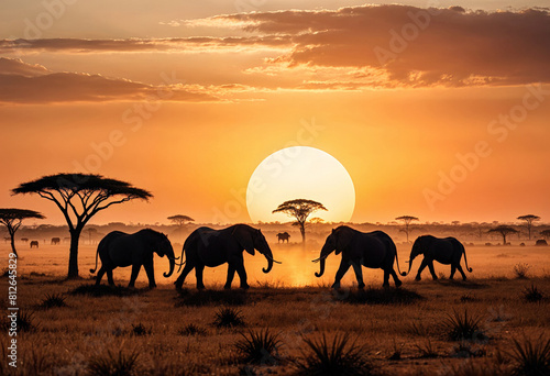 a herd of elephants walking across a dry savannah with a sunset in the background