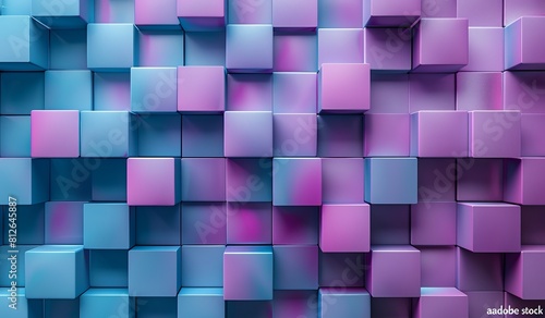 A 3D rendered image featuring a pattern of geometric cubes in shades of blue and purple portrays digital perfection and precision
