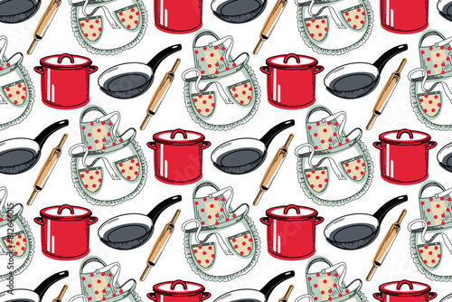 Cooking utensils. Seamless pattern of cooking apron, saucepan, rolling pin, frying pan with black handle. All objects are hand-drawn in vector in blue, red and black. For fabric, paper, kitchen design