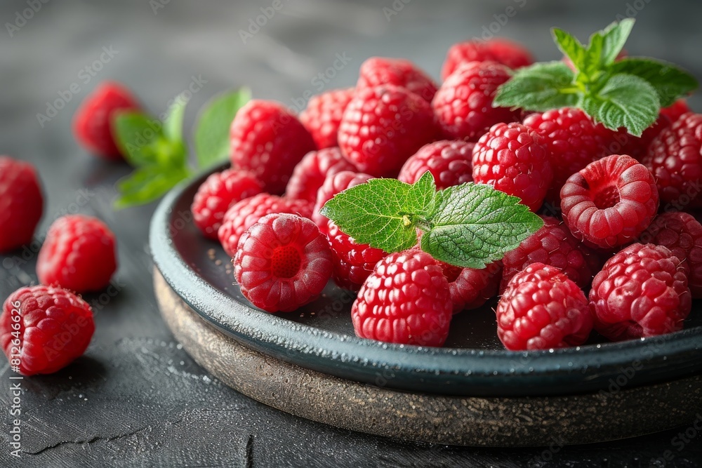 Juicy red raspberries with green leaves on an old dark tabletop presenting a fresh, organic appeal Juicy red raspberries with green leaves on an old dark tabletop presenting a fresh, organic appeal
