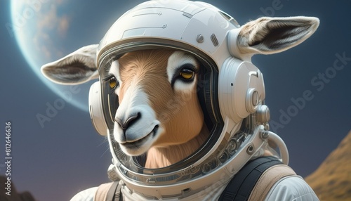Goat wearing astronaut helmet 