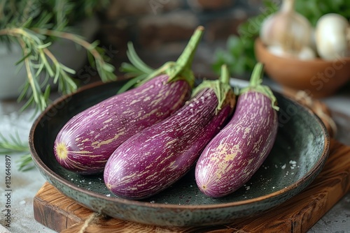 Three purple striped eggplants rest on a ceramic plate with a rustic setup in the background