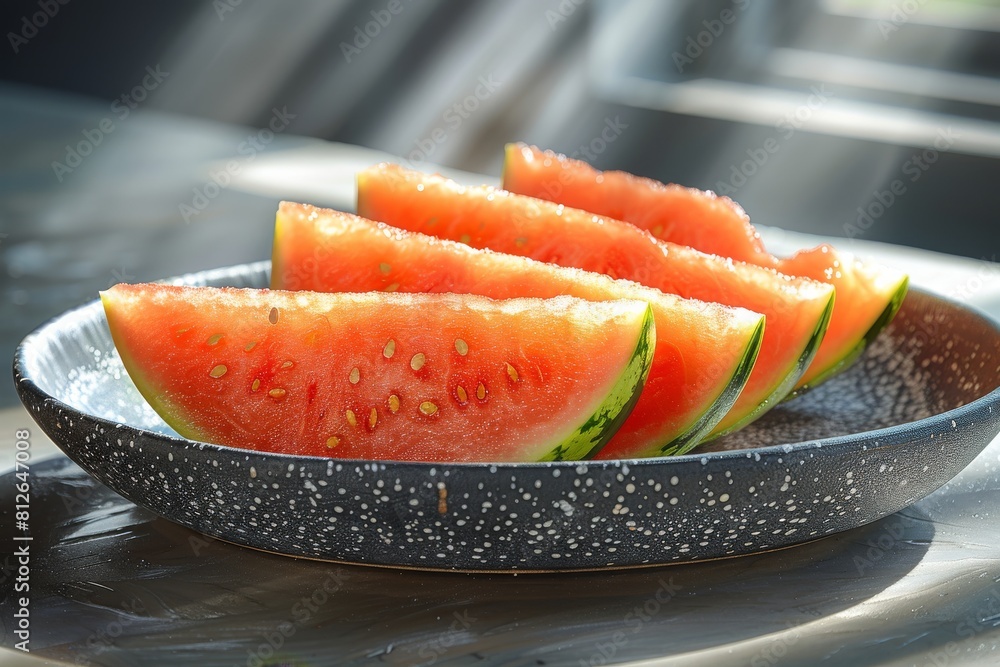 Sunlight highlights juicy watermelon slices on a dark speckled plate, shaded by blinds Sunlight highlights juicy watermelon slices on a dark speckled plate, shaded by blinds