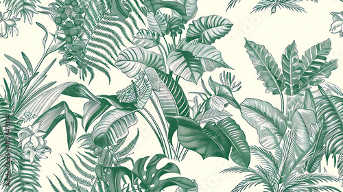 Vintage Jungle Dreams: Detailed Line Art of Tropical Flora and Fauna in Teal Green on Cream Background  - Seamless tile. Endless and repeat print.