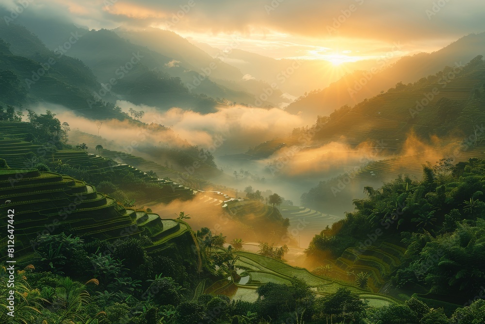 The warm glow of sunset lights up the layers of lush rice terraces under a hazy sky in a peaceful countryside
