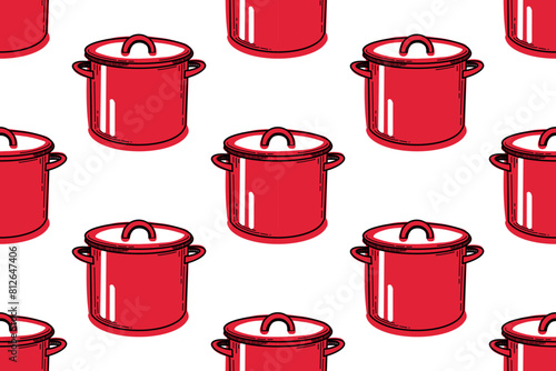 Seamless pattern with kitchen utensils. Red saucepan on a white background. All objects are hand-drawn in vector in red and black. For printing on fabric, paper, tableware and textile design.