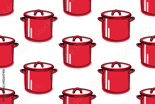 Seamless pattern with kitchen utensils. Red saucepan on a white background. All objects are hand-drawn in vector in red and black. For printing on fabric, paper, tableware and textile design.