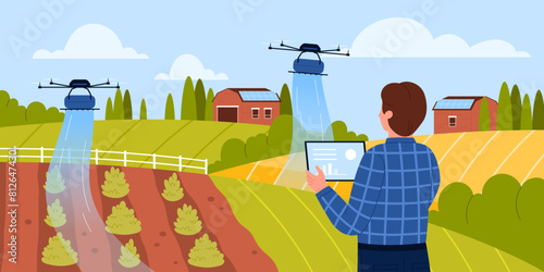 Smart farming management, digital future technology. Farmer growing agricultural plants, watering with innovation agritech equipment, man holding tablet to control drones cartoon vector illustration