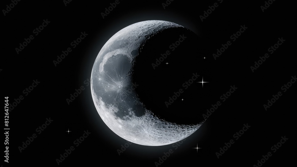 Detailed Crescent Moon in the night sky. Crescent Moon on black background Detailed Crescent Moon in the night sky. Crescent Moon on black background