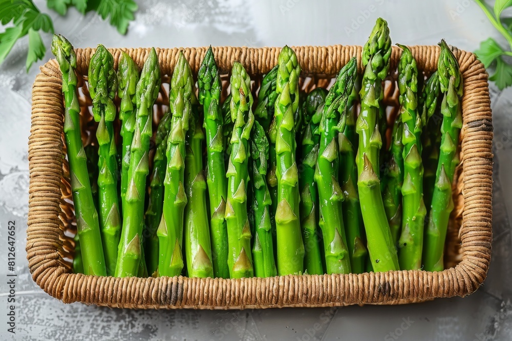 Fresh green asparagus neatly organized in a wicker basket on a light surface, highlighting farm to table freshness Fresh green asparagus neatly organized in a wicker basket on a light surface, highlighting farm to table freshness