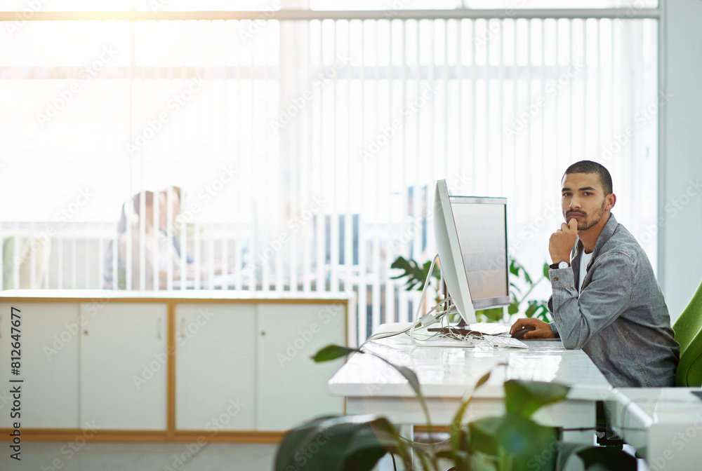 Fototapeta premium Business, portrait and man with a computer in office for online planning, proposal or connection. Lens flare, employee or graphic designer at desk with confidence, job growth or project development
