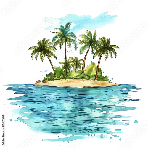 A small  rocky island covered in palm trees in the middle of the ocean