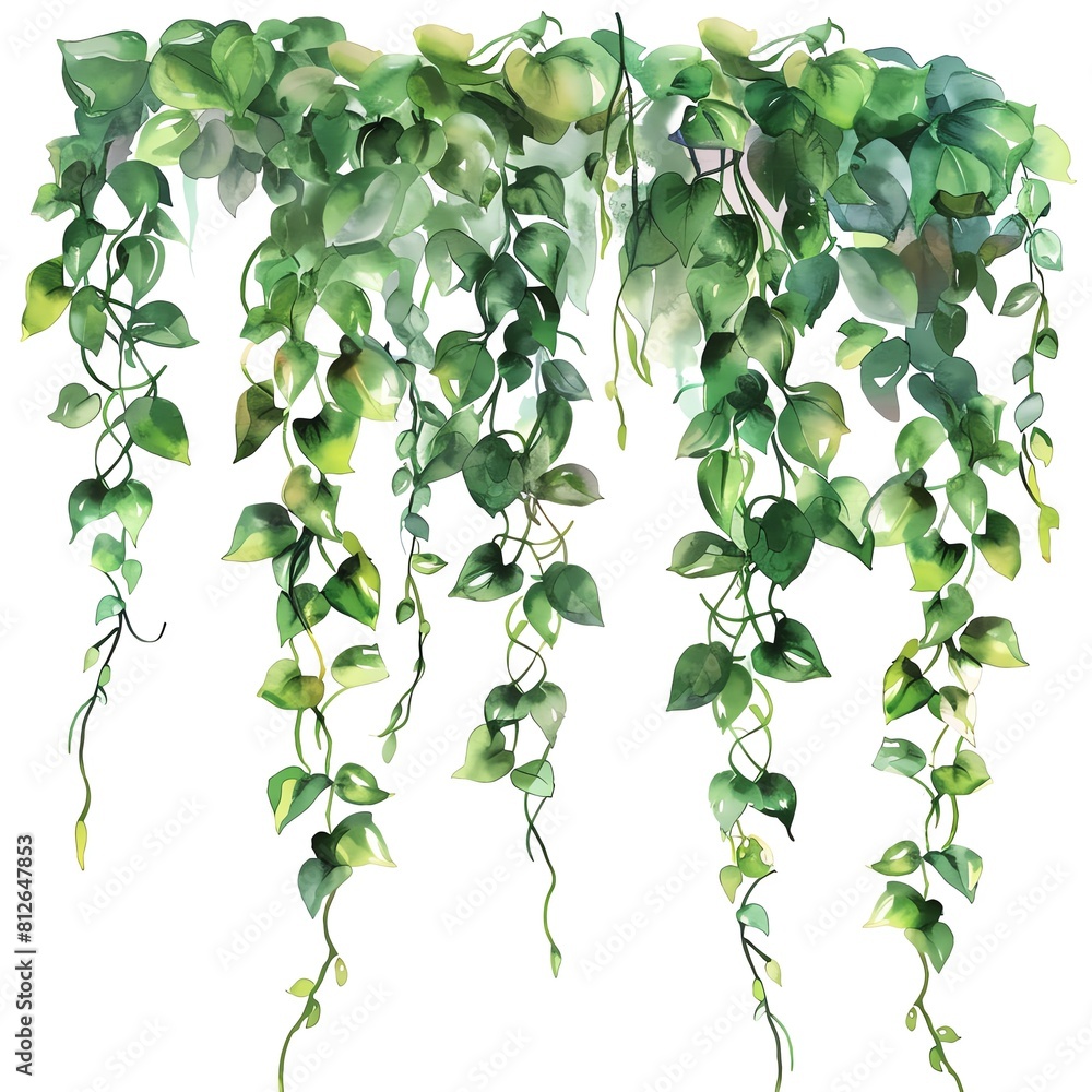 A beautiful watercolor painting of a variety of green leaves and vines. The leaves are in different shades of green.