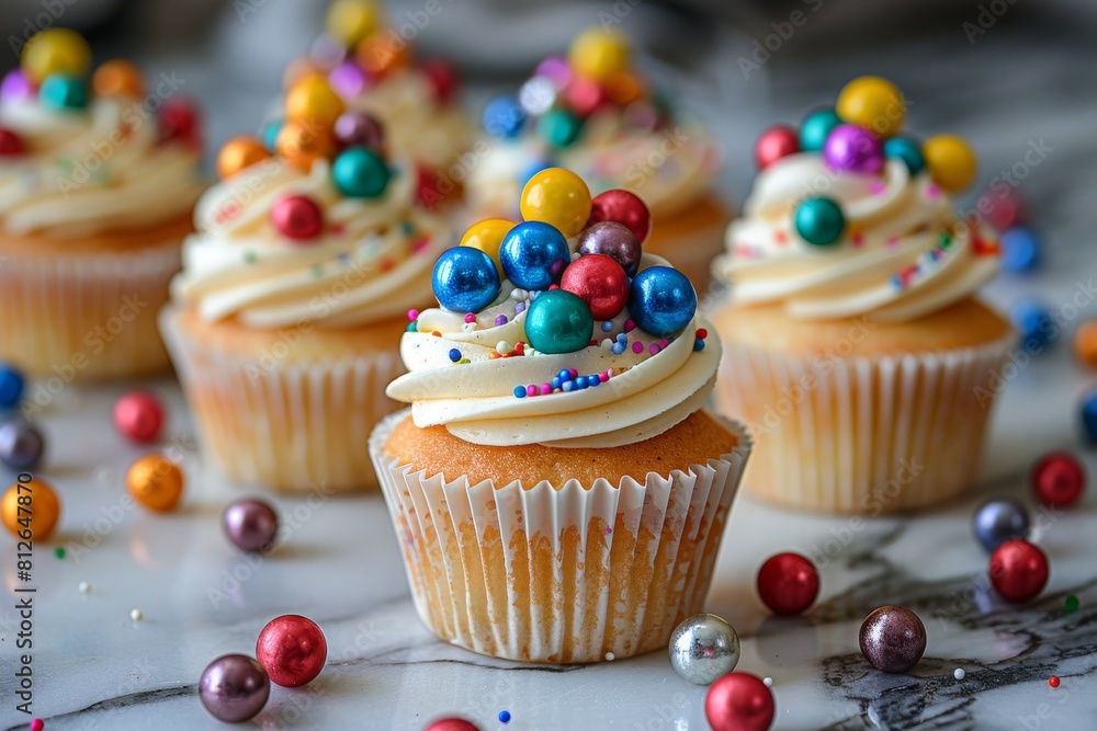 Close-up of cupcakes with colorful sprinkles and candy toppings, set against an elegant marble background Close-up of cupcakes with colorful sprinkles and candy toppings, set against an elegant marble background