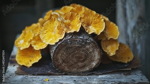   A cluster of golden fungi resting atop a wooden plank perched atop a plywood surface