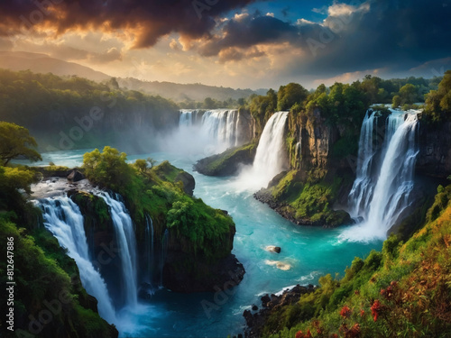 Epic fantasy panorama showcases a mystical landscape embellished by captivating waterfalls.