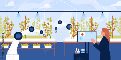 Smart farming management, cultivation of agriculture plants in greenhouse. Farmer and robotic arm harvest tomatoes in glasshouse with innovation agritech equipment cartoon vector illustration