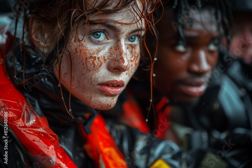 Young woman with wet hair and worried look shares a moment with a team in harsh conditions