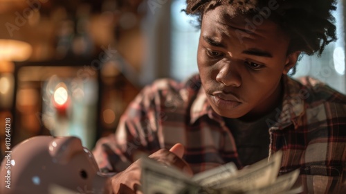 Young african american man counting money in piggy bank at home