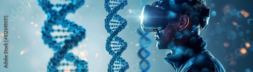 Scientist using a VR headset to manipulate 3D models of DNA in a futuristic laboratory setting highlighting the power of technology and innovation in