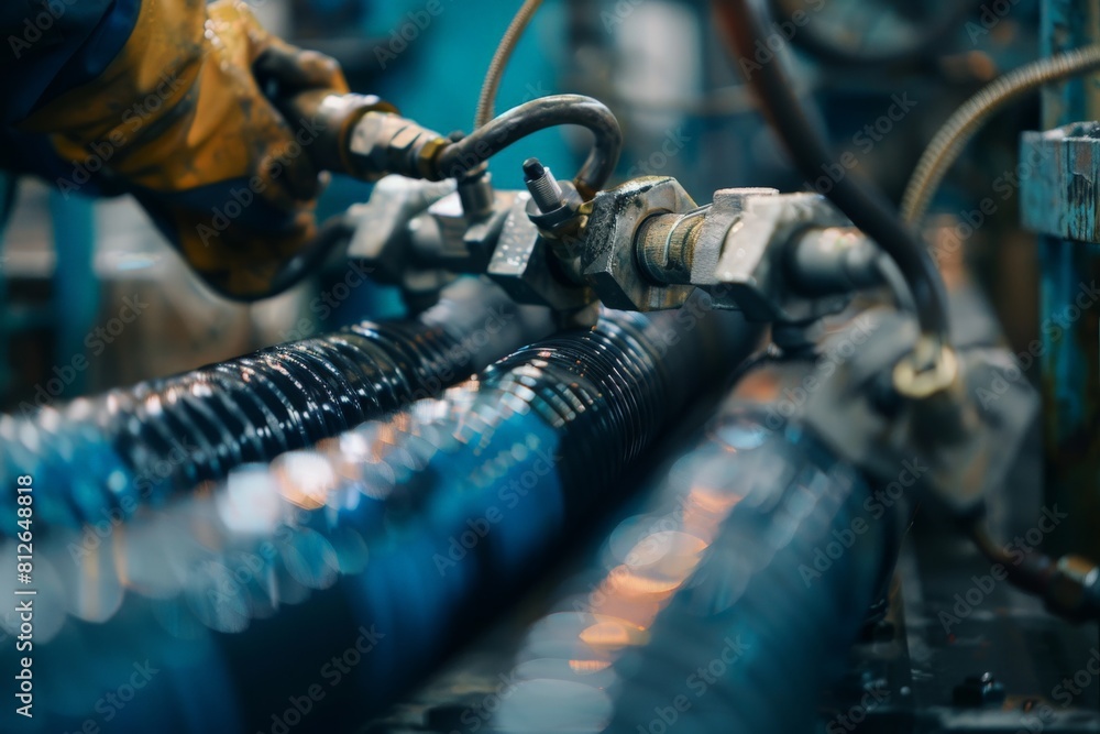 Fototapeta premium A worker crimps a high pressure hydraulic hose on the machine. High pressure hydraulic hose manufacturing process 