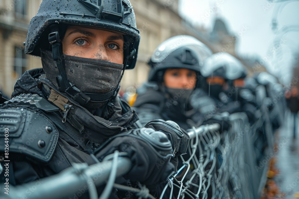 Obraz premium Equipped police officers lining up with a barbed wire fence, maintaining public order